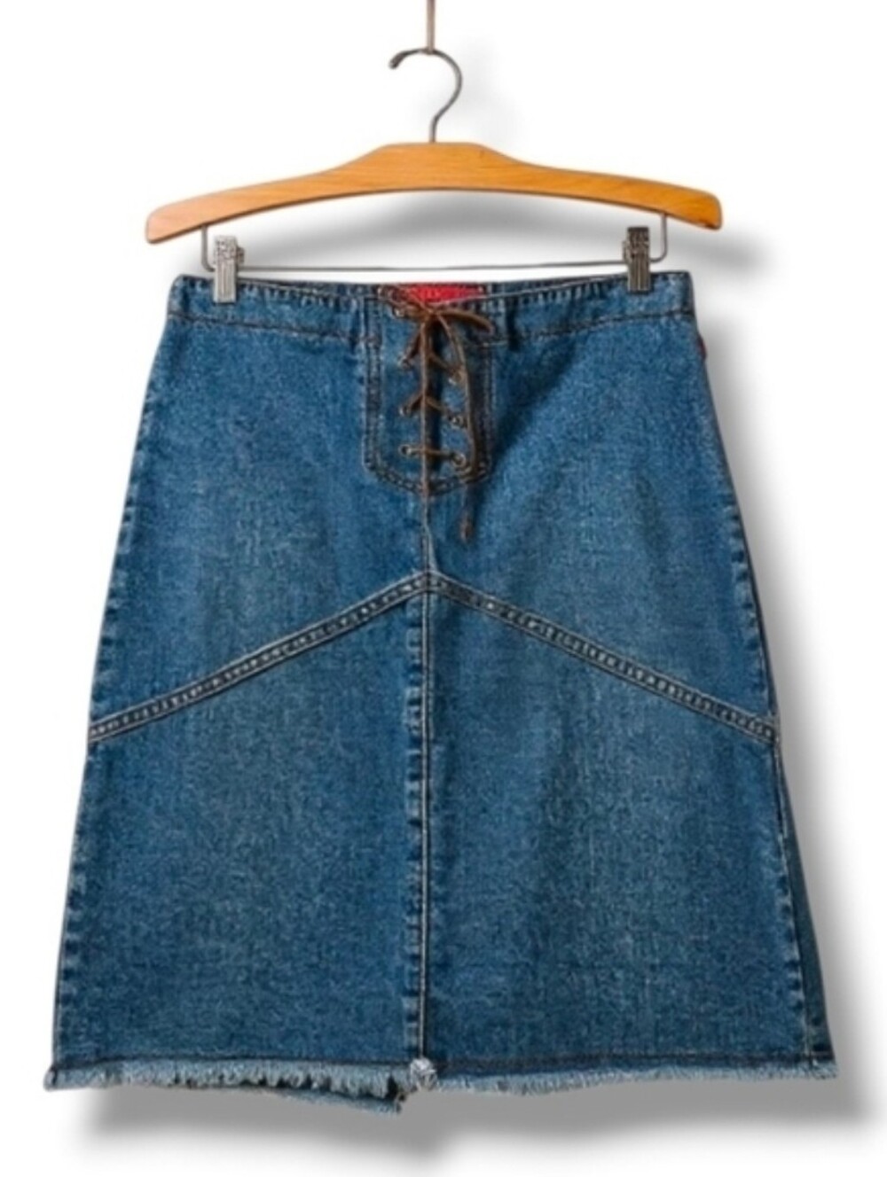 Hot Kiss Y2K Short Blue Jean Skirt Leather Tie Angle Seams Fray Hem Denim 7 / 28